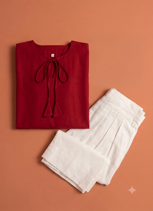 Chic Red Scalloped Short Shirt with White Wide-Leg Shalwar Set