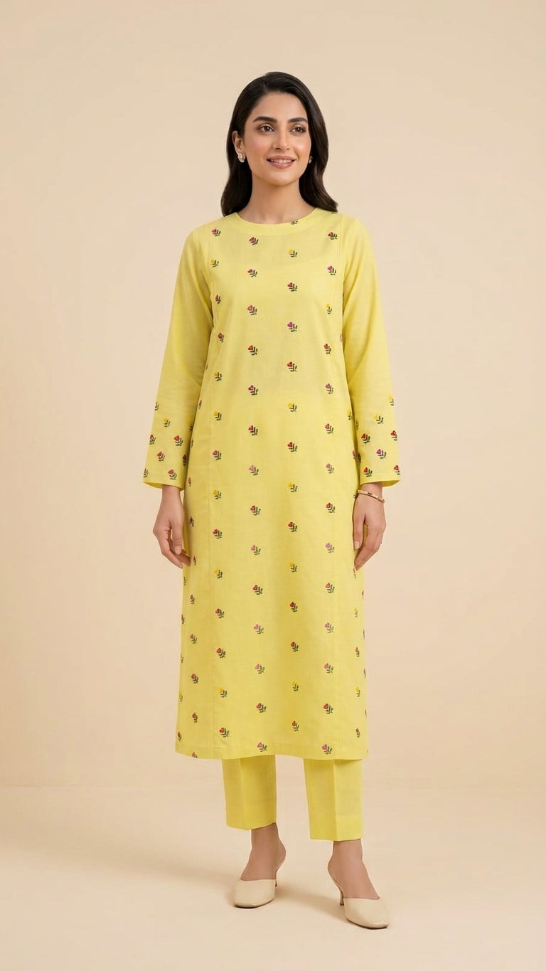 Elegant Yellow Embroidered Long Kurti with Matching Trouser Pants for Women