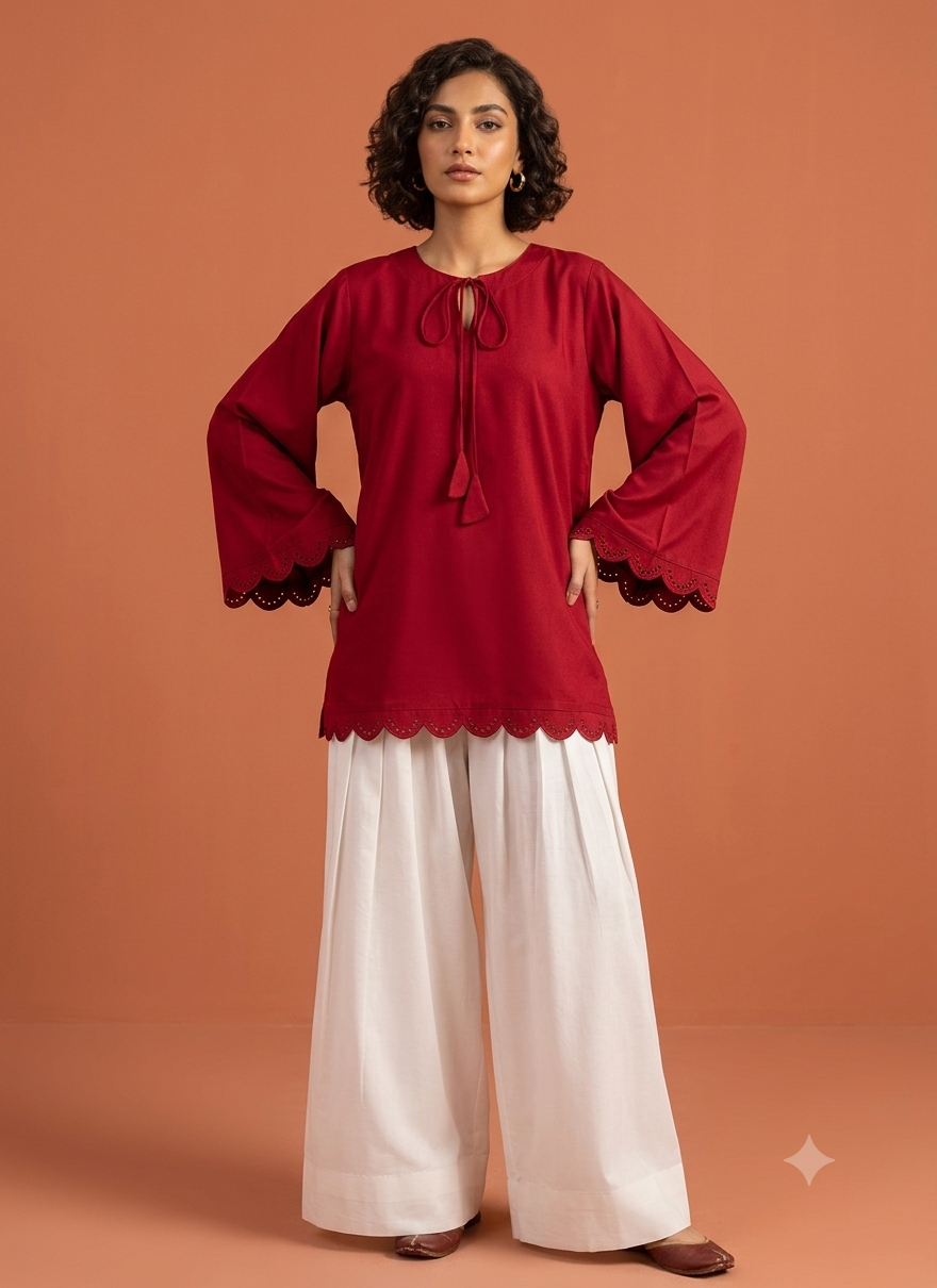 Chic Red Scalloped Short Shirt with White Wide-Leg Shalwar Set