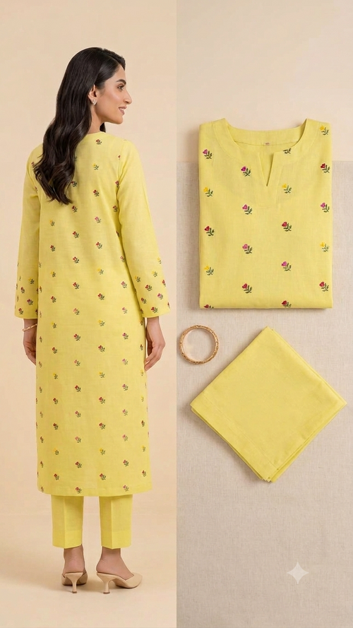 Elegant Yellow Embroidered Long Kurti with Matching Trouser Pants for Women