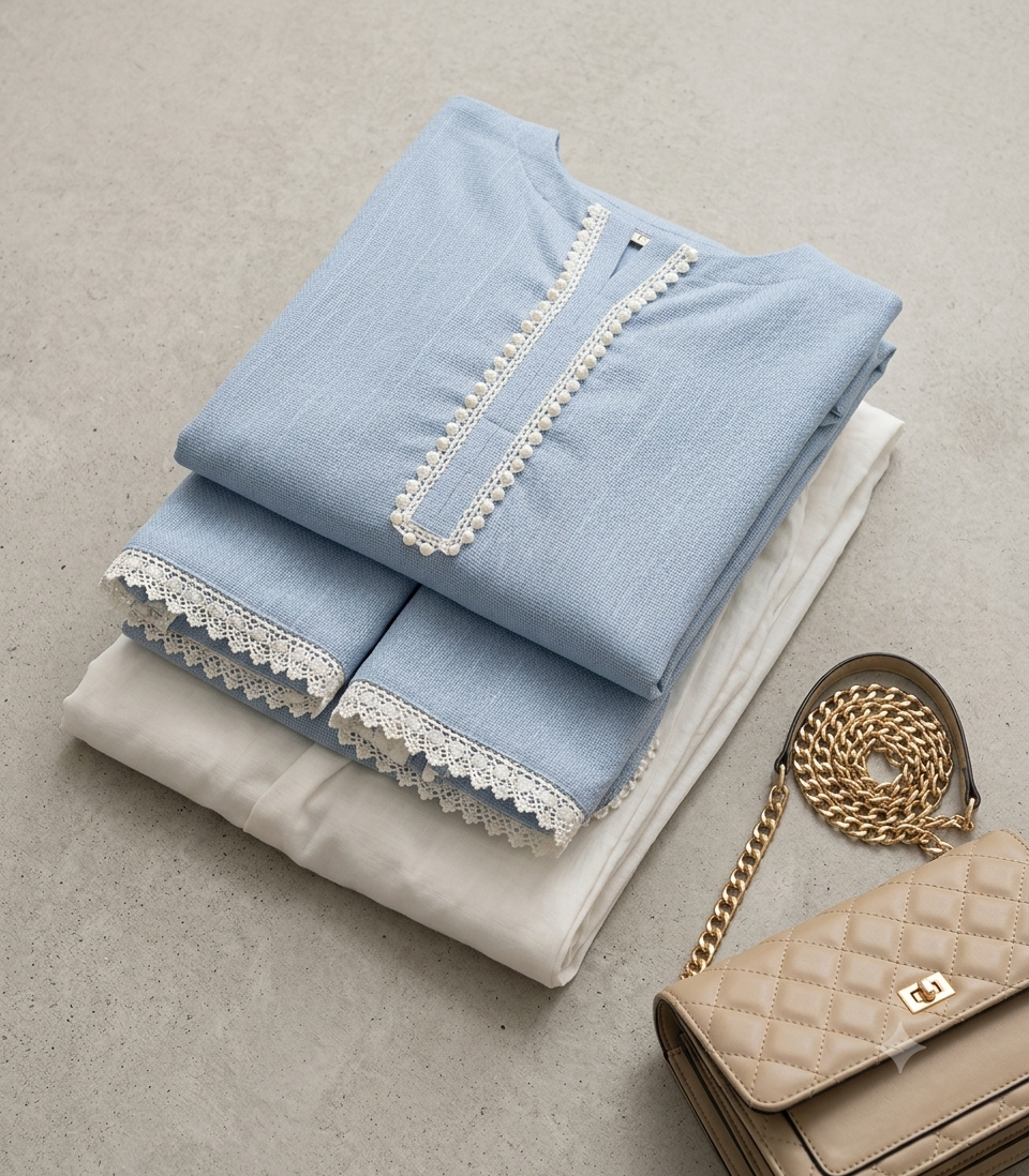 Baby Blue Pom-Pom Kurta Set 2pc