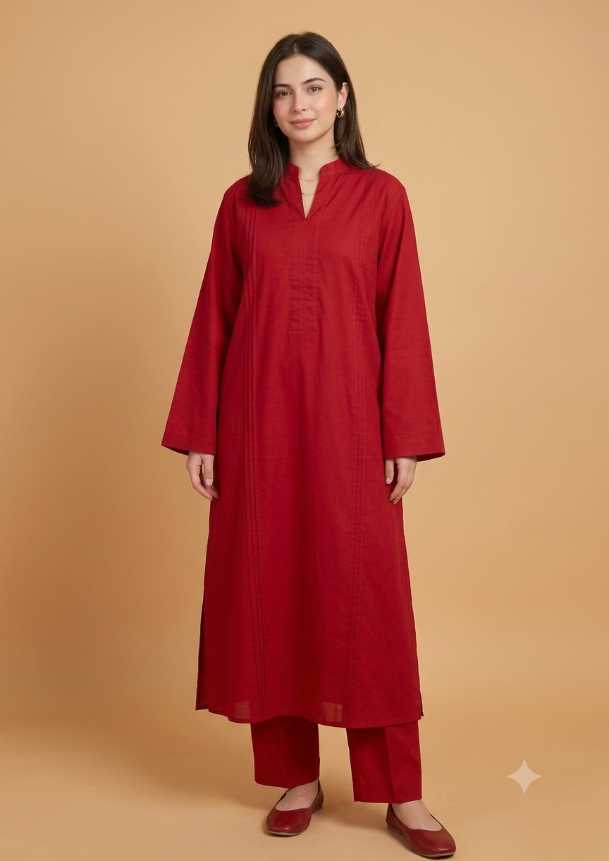 Elegant Red Solid Long Kurta with Matching Trouser Set