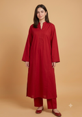 Elegant Red Solid Long Kurta with Matching Trouser Set