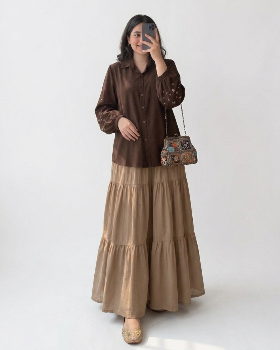 Brown Shirt & Mocha Skirt Set