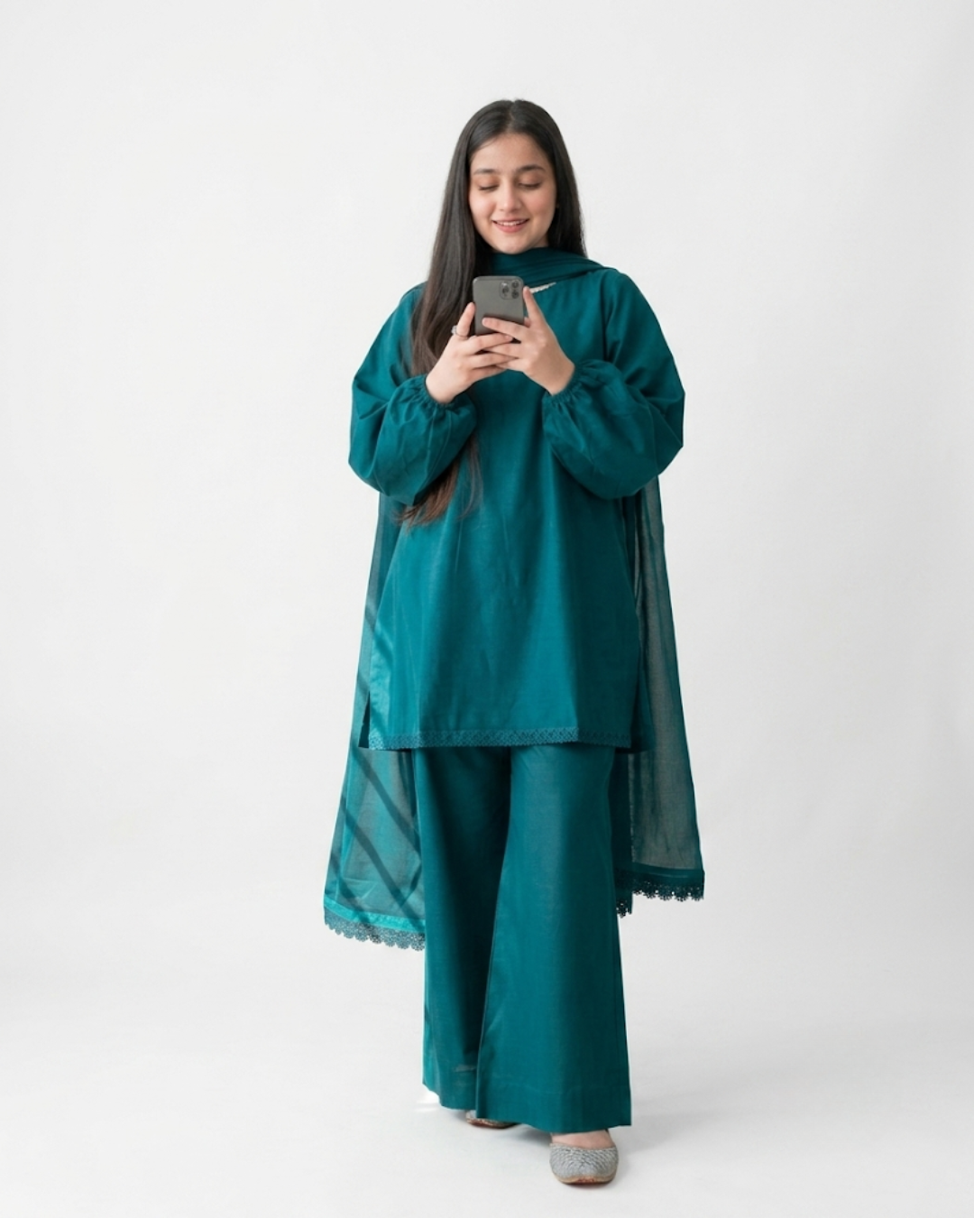 Teal Puff Sleeve 2-Piece Set