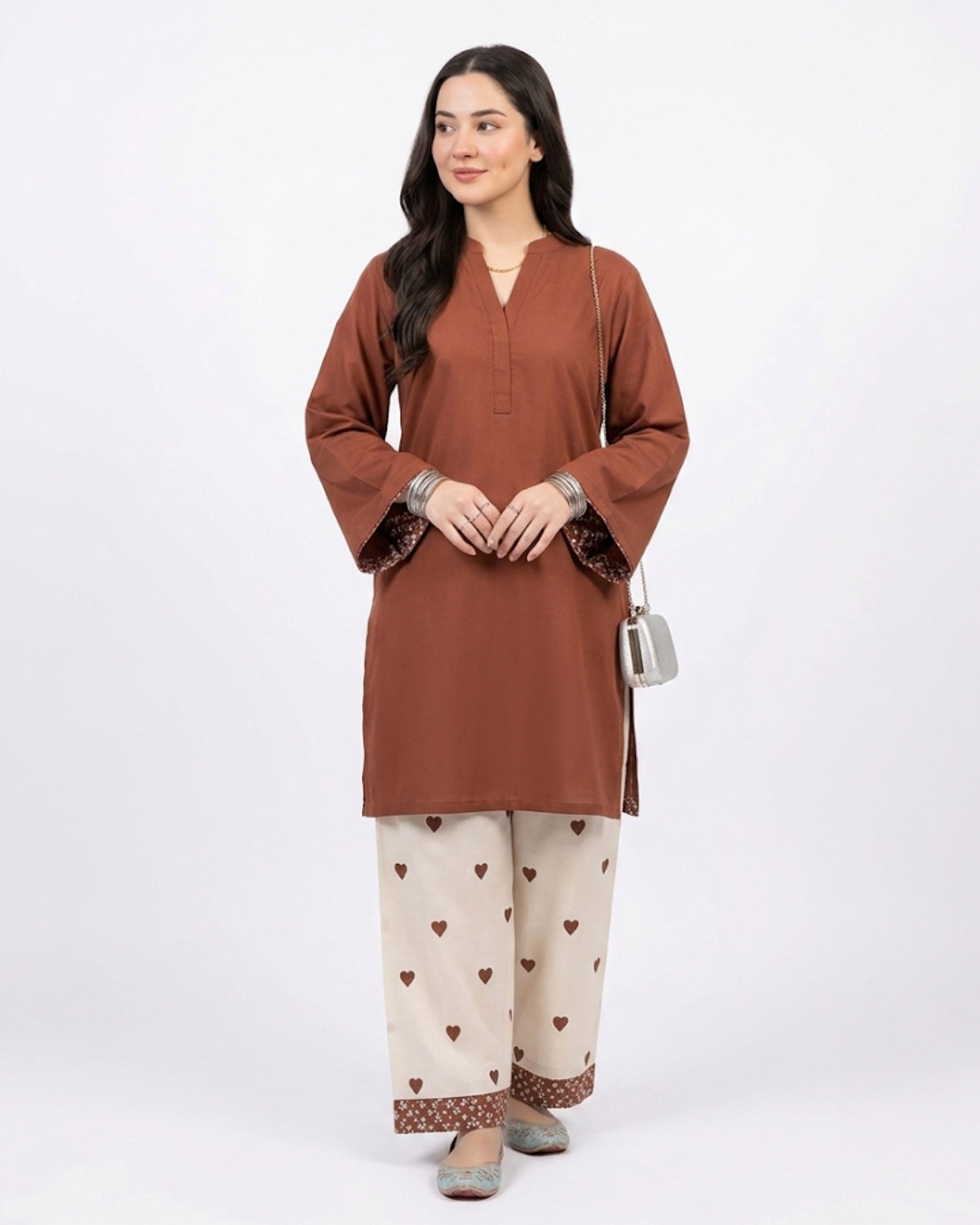 Women's Brown Linen Kurti with Heart Print Trouser Set | Casual Co-ord Set