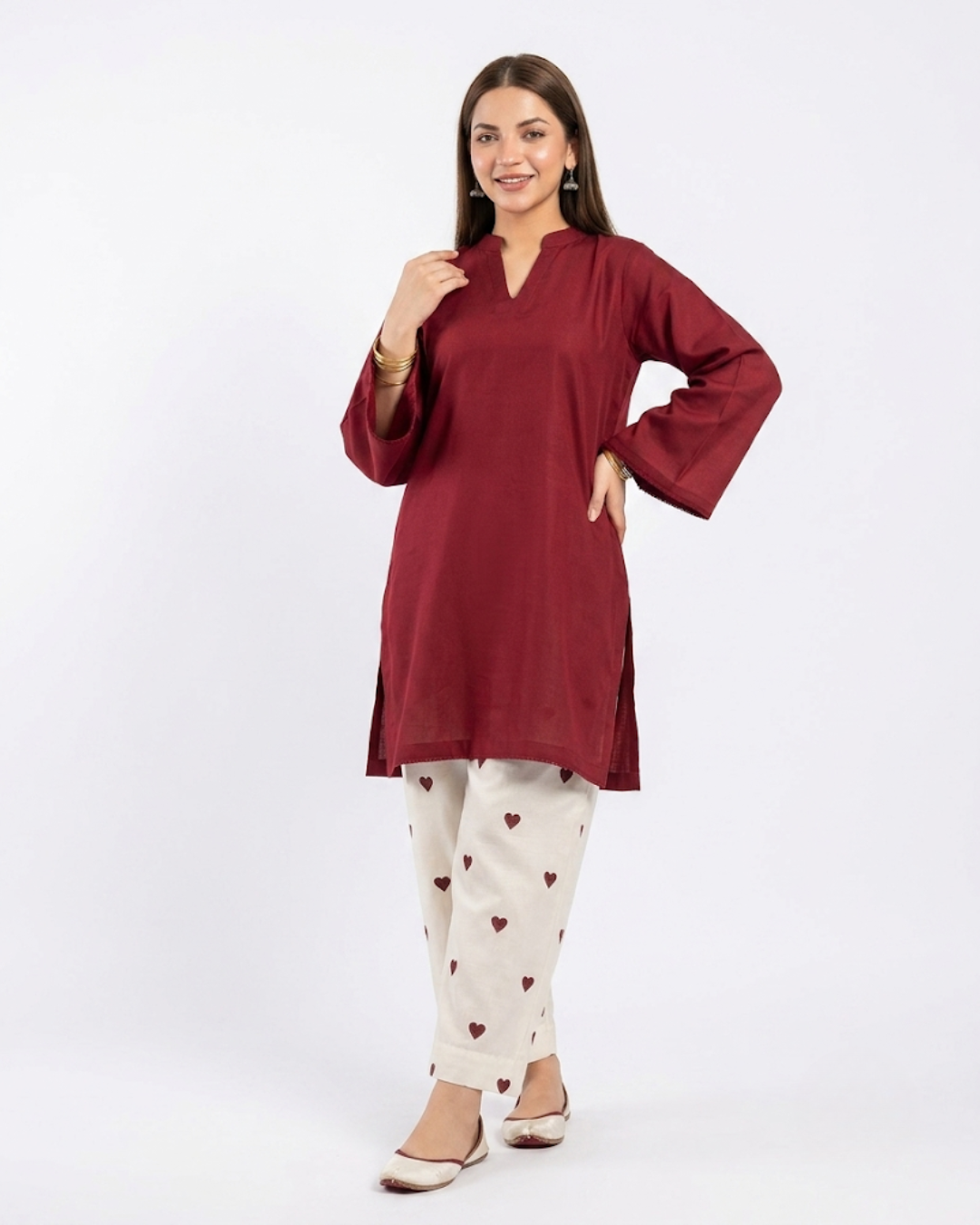 Women's Maroon Kurti with Heart Print Trouser | 2-Piece Co-ord Set
