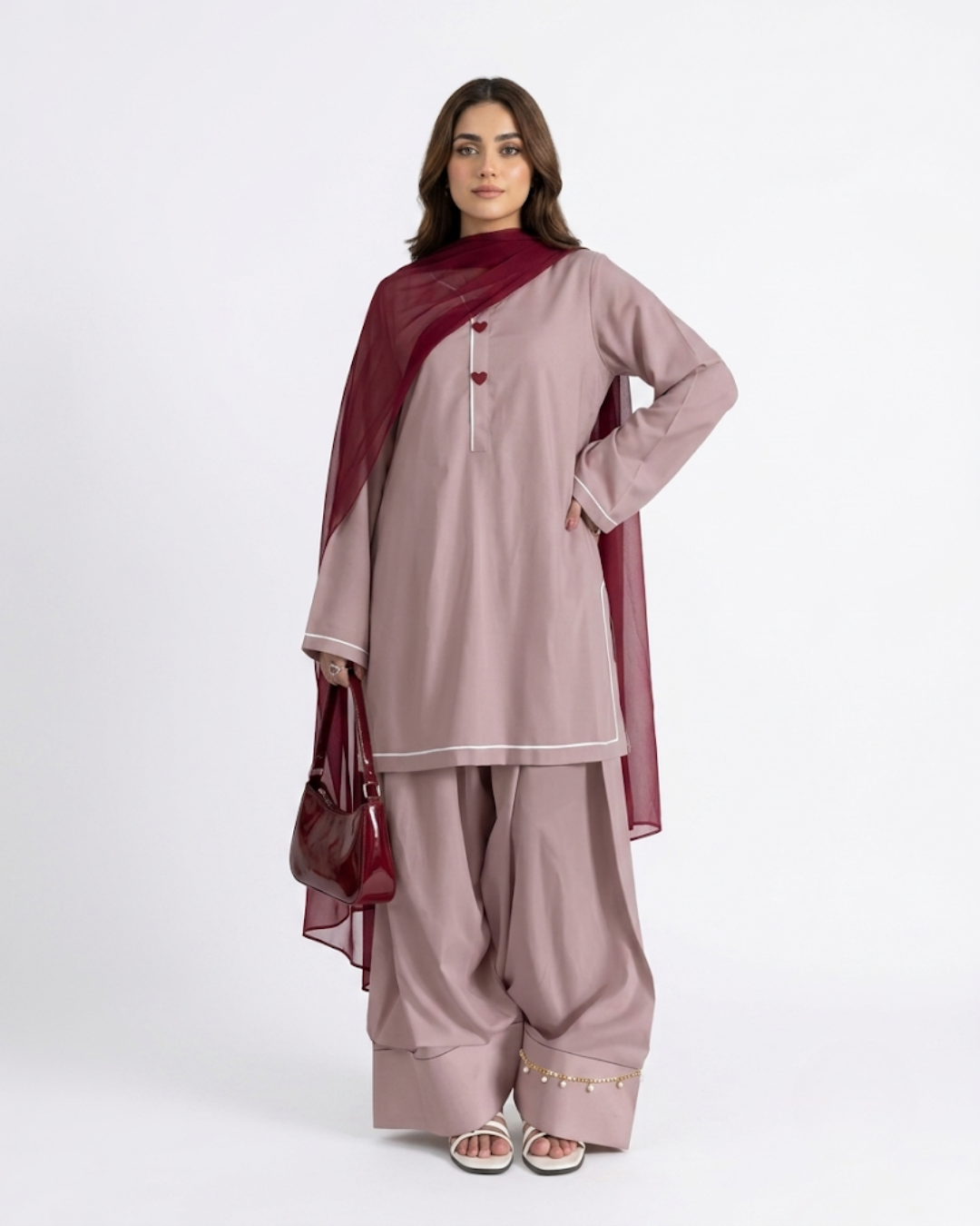 Blush Pink Salwar Kameez with Dupatta | Heart Detail Kurti & Afghani Trouser Set