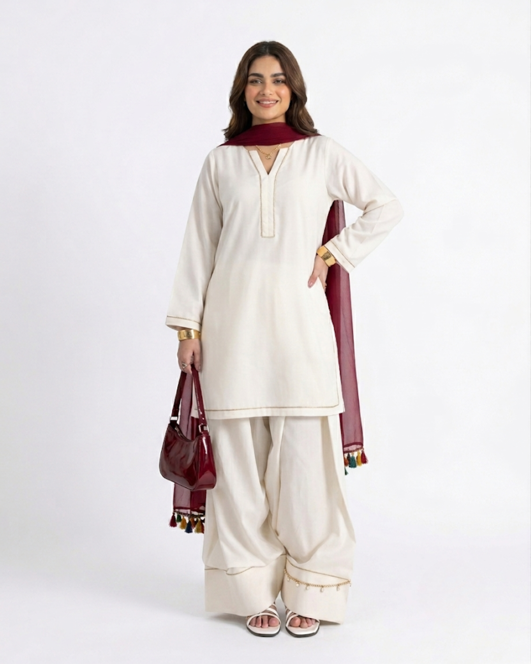Women's Off-White 3-Piece Suit | Kurti, Afghani Salwar & Maroon Dupatta | Elegant Modest Wear