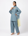 Women's Steel Blue 3-Piece Suit | Scallop Edge Kurti + Wide-Leg Trouser + Ombre Dupatta