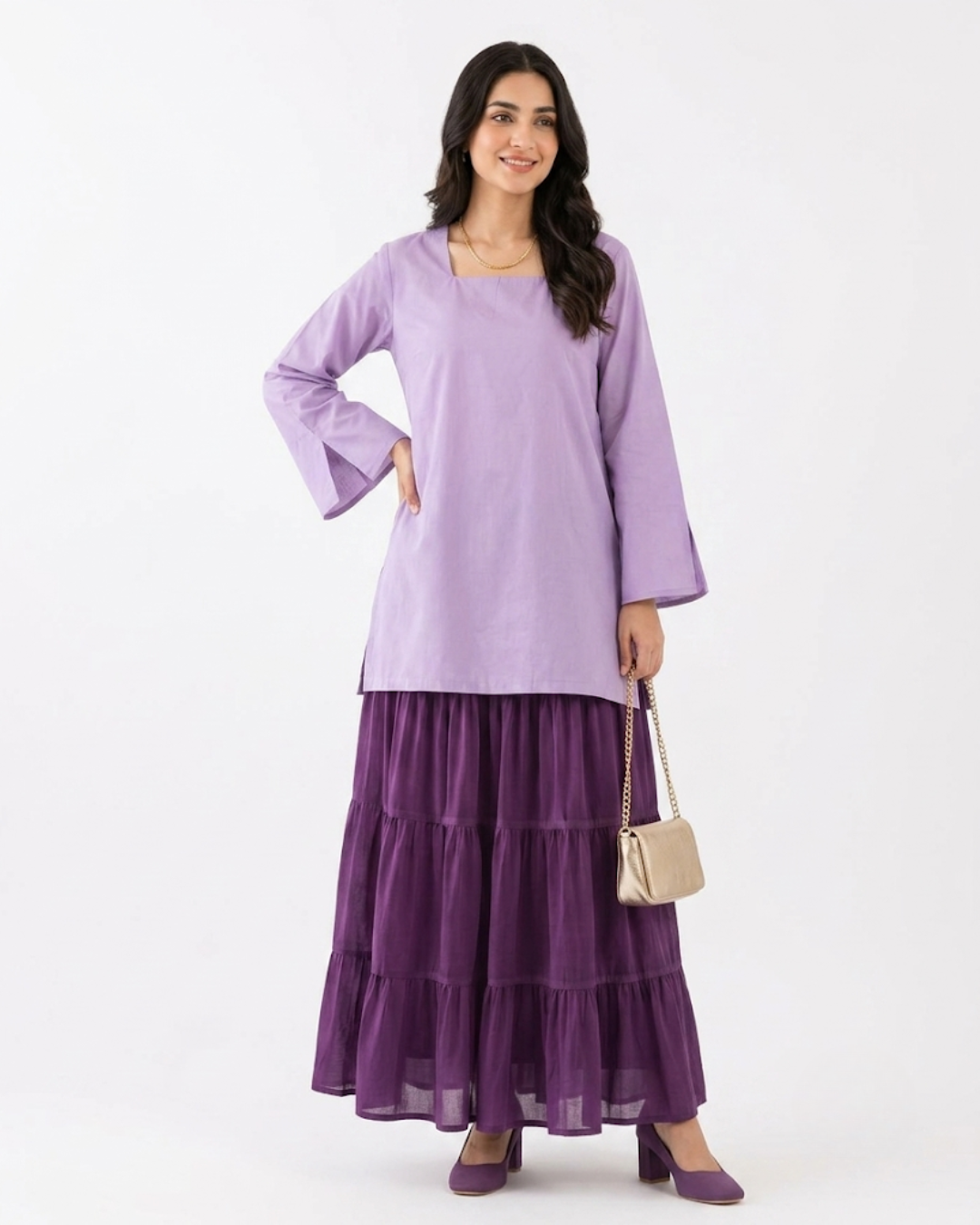 Women's 2-Piece Lavender & Purple Set | Bell Sleeve Kurti + Tiered Ruffle Gharara