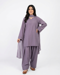 Women's Dusty Purple 3-Piece Suit | V-Neck Kurti + Afghani Salwar + Chiffon Dupatta