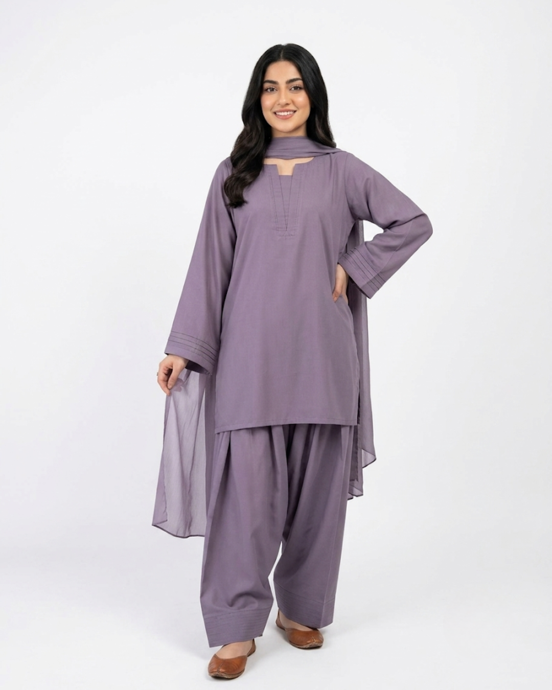 Women's Dusty Purple 3-Piece Suit | V-Neck Kurti + Afghani Salwar + Chiffon Dupatta