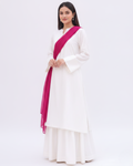 Women's 3-Piece Off-White Co-ord | V-Neck Maxi Kurti + Layered Skirt + Magenta Dupatta