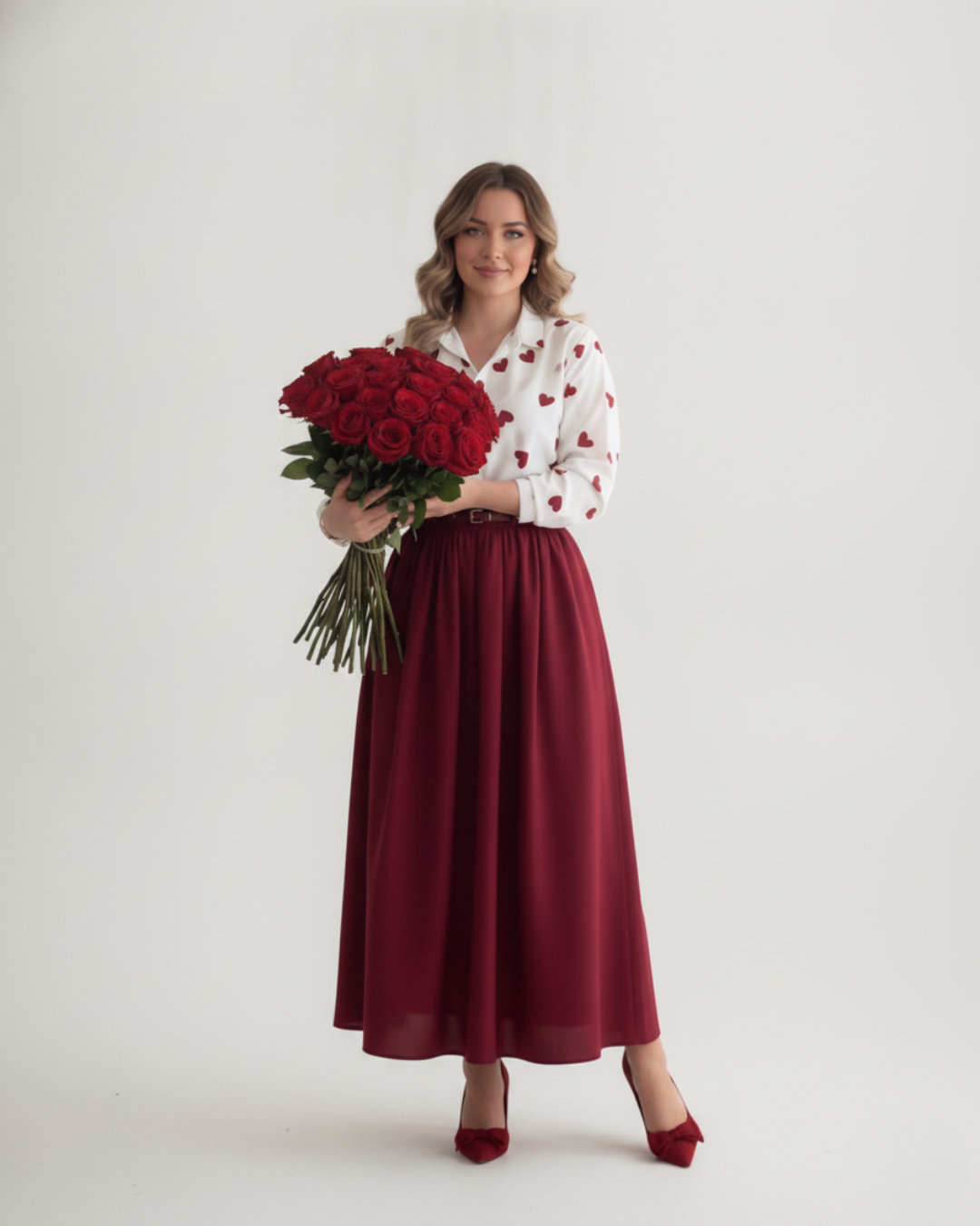 White Heart Print Blouse + Maroon Flared Maxi Skirt | Belted Elegant Co-ord Set