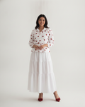 Ivory Heart Print Co-ord | Tie Neck Peplum Blouse + Flowy Tiered Maxi Skirt