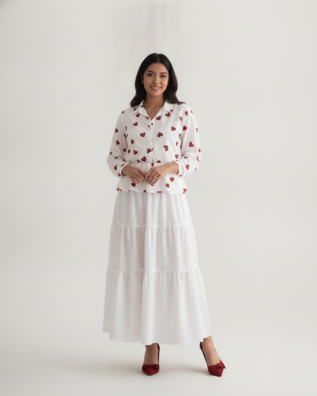 Ivory Heart Print Co-ord | Tie Neck Peplum Blouse + Flowy Tiered Maxi Skirt