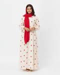 White & Red Heart Allover Print Maxi Dress | Modest Flowy Casual Abaya Style